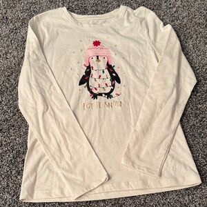 2 Holiday Time Cream Penguin & Deer Long Sleeve Tees